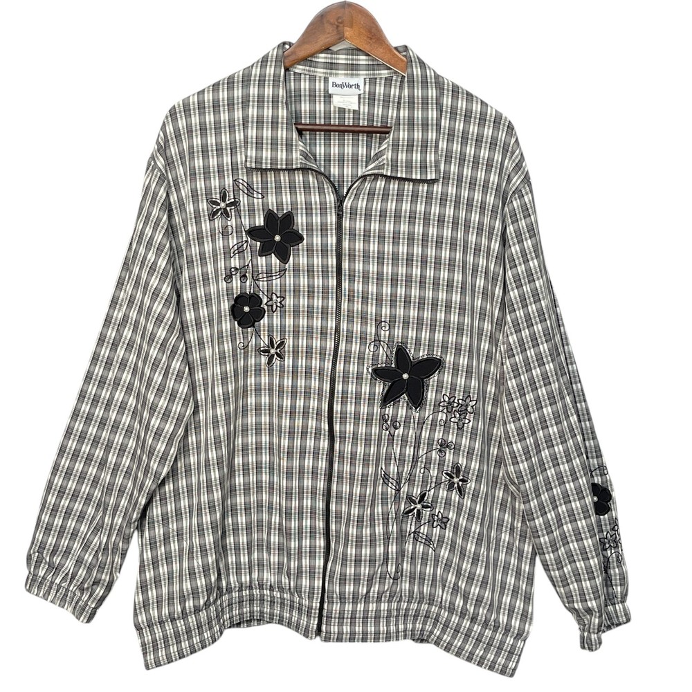Bon Worth Women Lightweight Jacket Size XL Gray Floral Plaid Full Zip Pocket Y2K