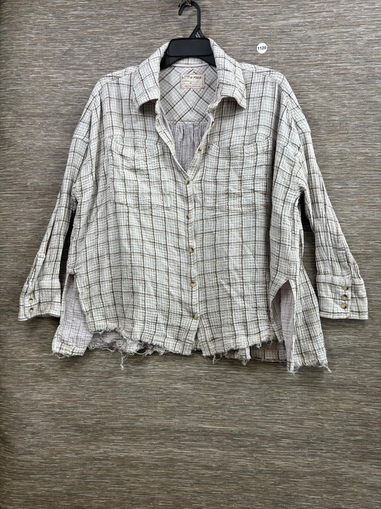 We The Free Shirt Womens M White Plaid Raw Hem Button Front Long Sleeve Top