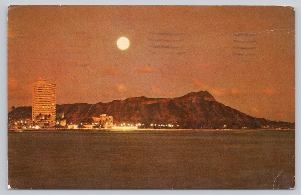 Honolulu Hawaii, Moon over Diamond Head, Waikiki Beach, Vintage Postcard