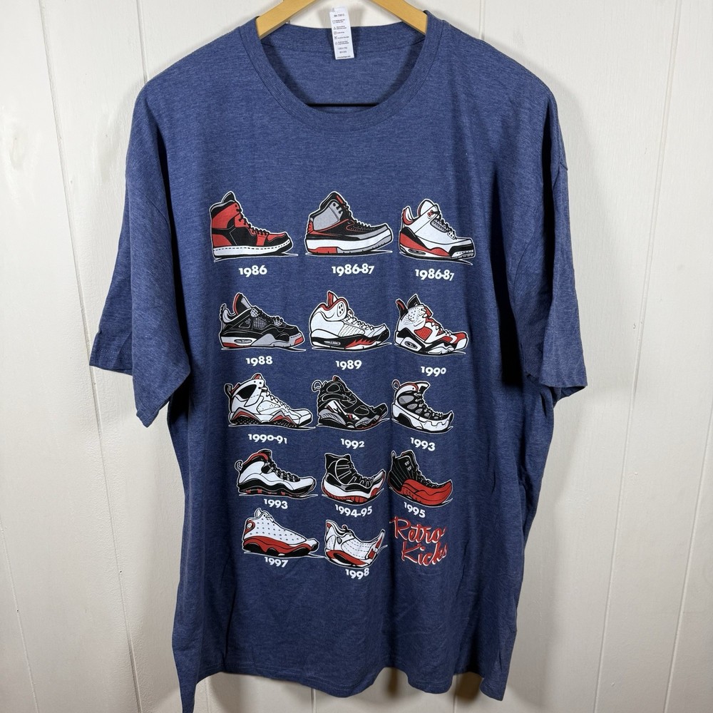 Retro Kicks T-Shirt Mens 2XL Blue Sneaker Graphic Air Jordan Shoe Timeline NWOT