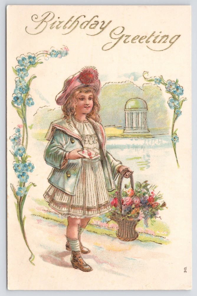 Greetings~Girl By River Flowers & Monument Birthday Greeting~Vintage Postcard
