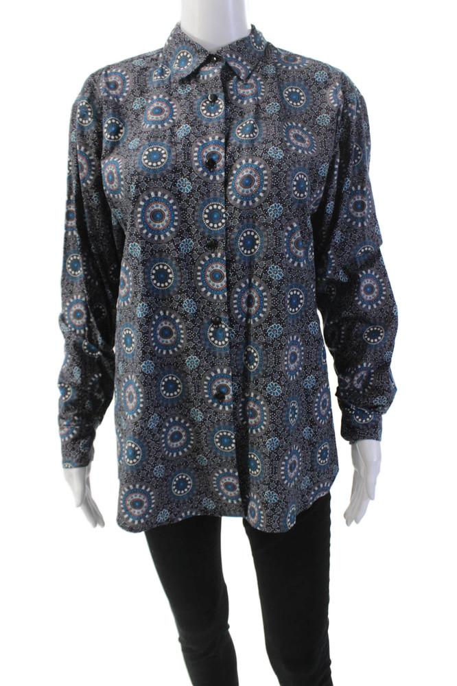 KT x T/Shirt Womens Button Front Collared Printed Shirt Blue Multi Cotton MediumFree Shipping in US $100+ Orders | $6.95 Orders Below