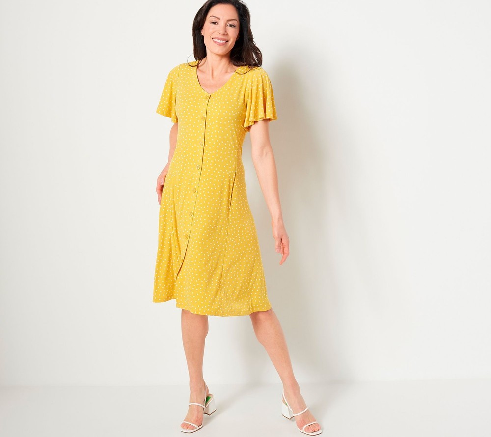 Susan Graver Women's Petite Dress PL Printed Liquid Knit Button Yellow A501402