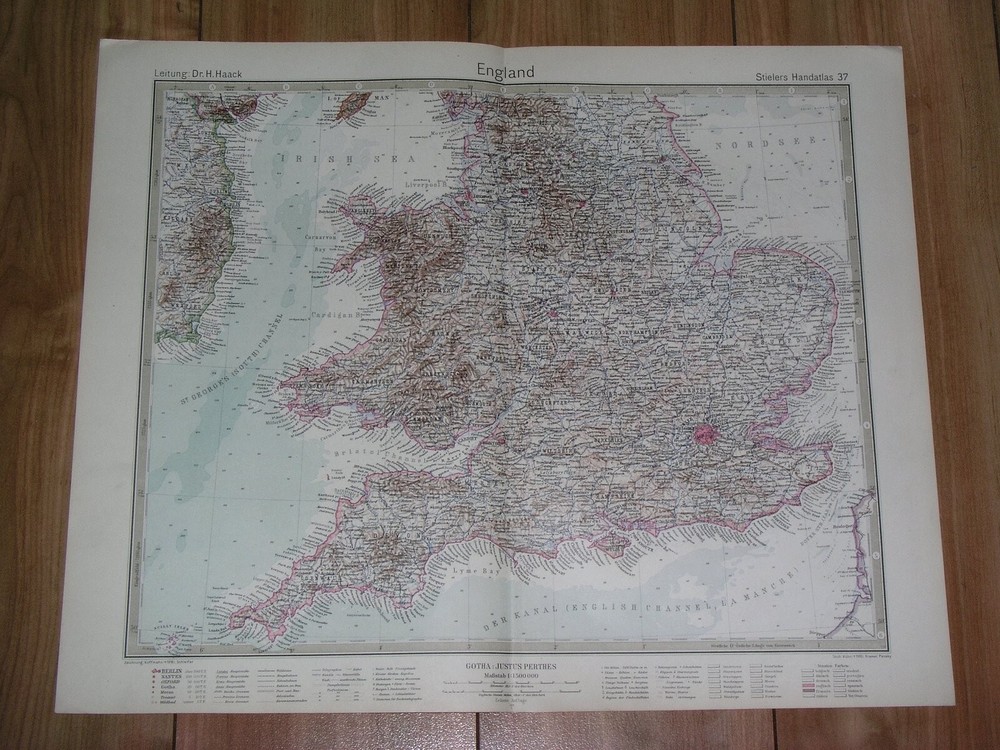 1925 Vintage Map Of England Cornwall Midlands London / Wales / Great Britain