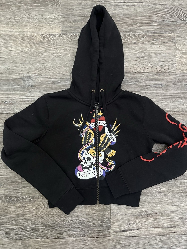 Ed Hardy Women's S Full Zip Hoodie Black Red Skull Graphic New York City Print