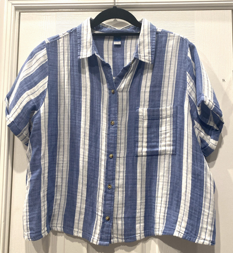 Womens Old Navy Boxy Blue/White Striped Demi S/S Gauze Button Up Shirt Large Euc