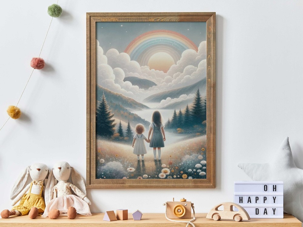 Sister Room Print Sister Painting Rainbow Nursery Decor Girl Adventure Print