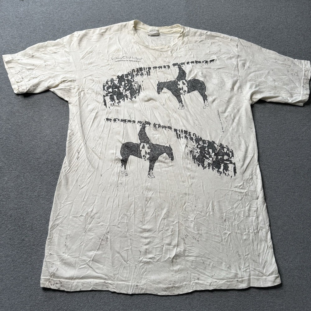 Vintage American Brand T Shirt Mens XL White Western Rodeo Way Out West Horses