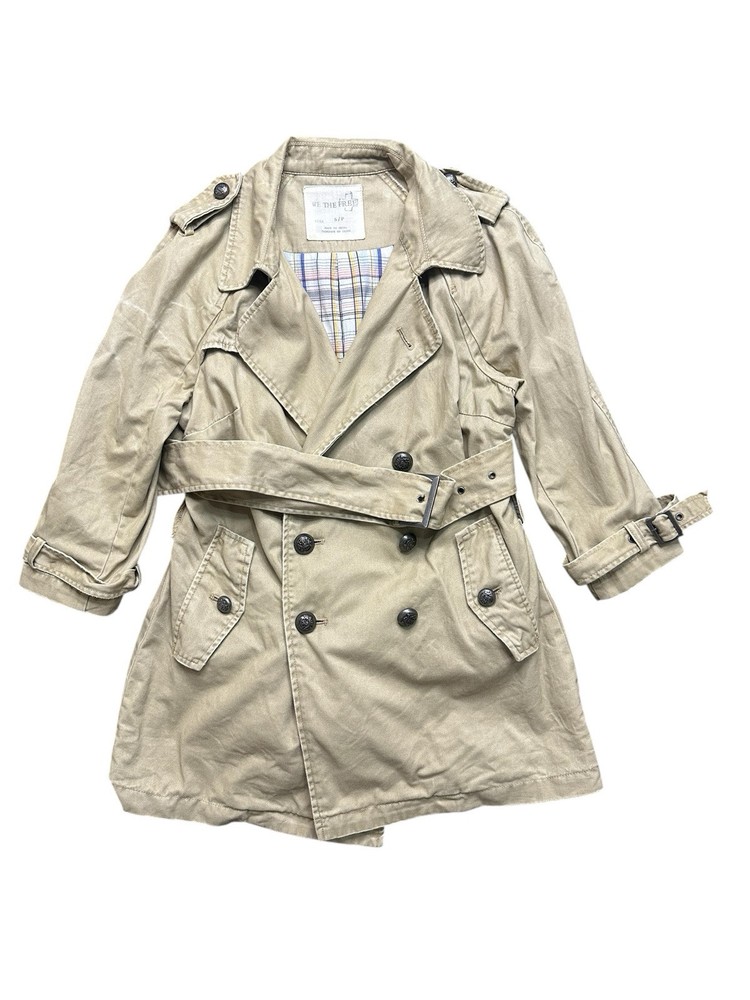 FREE PEOPLE We the Free Trench Coat Size Small Khaki epaulets 3/4 Sleeve Cotton