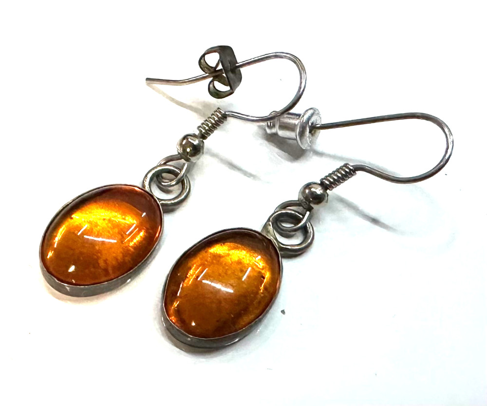 Vtg Costume Silver Tone Orange Stone Dangle Pierced Earrings Jewelry Lot I