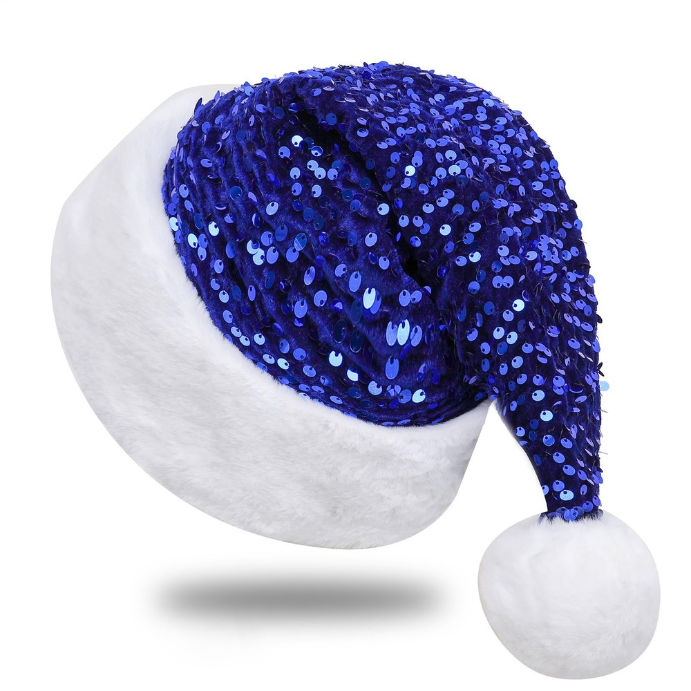Sequin Santa Hat for Adults with Shiny Sequin Fluffy Pompom Party Hat