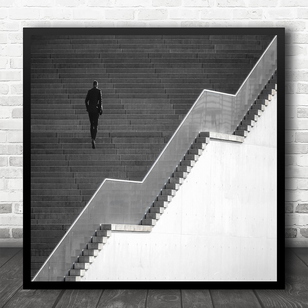 Street Staircase Man Walking Lines Diagonal Alone Square Wall Art Print