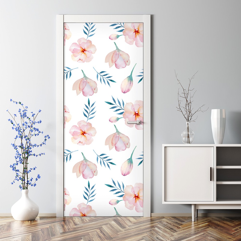 Pink Spring Floral Bubble Free Door sticker Watercolour flowers Decal Petals