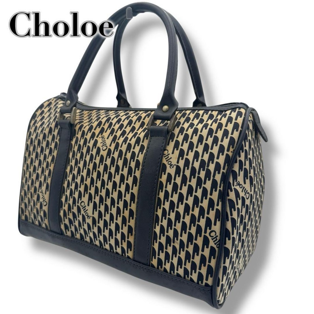 Chloe Navy Blue Canvas Leather Tote Bag with Embossed Logo and Shoulder Strap