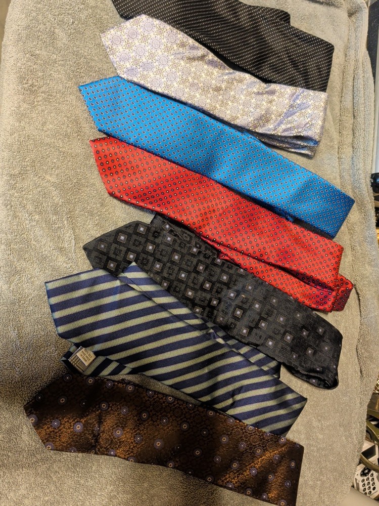 Lot of 7 Neck Ties Assorted Colors, Name Brand, Materials, Size & Designs