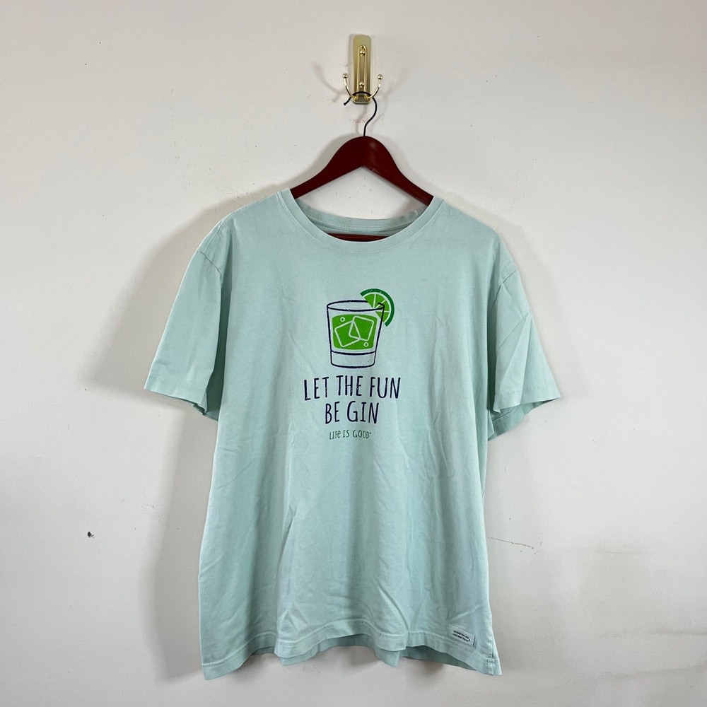 Life Is Good Let The Fun Be Gin T-Shirt Green Mens XL Cotton Funny T-Shirt