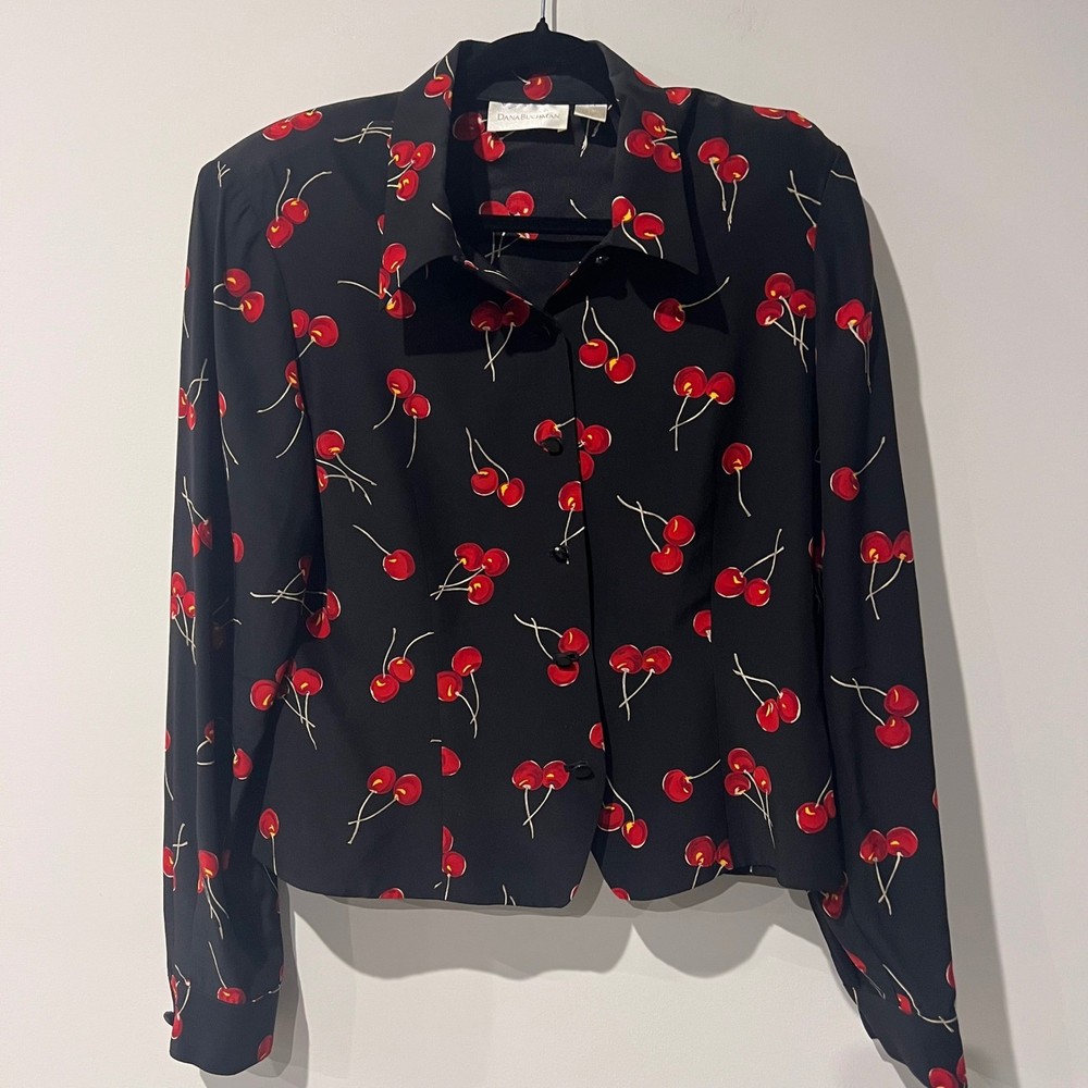 Vintage Dana Buchman Black Silk Cherry Print Button Front Long Sleeve Blouse 12