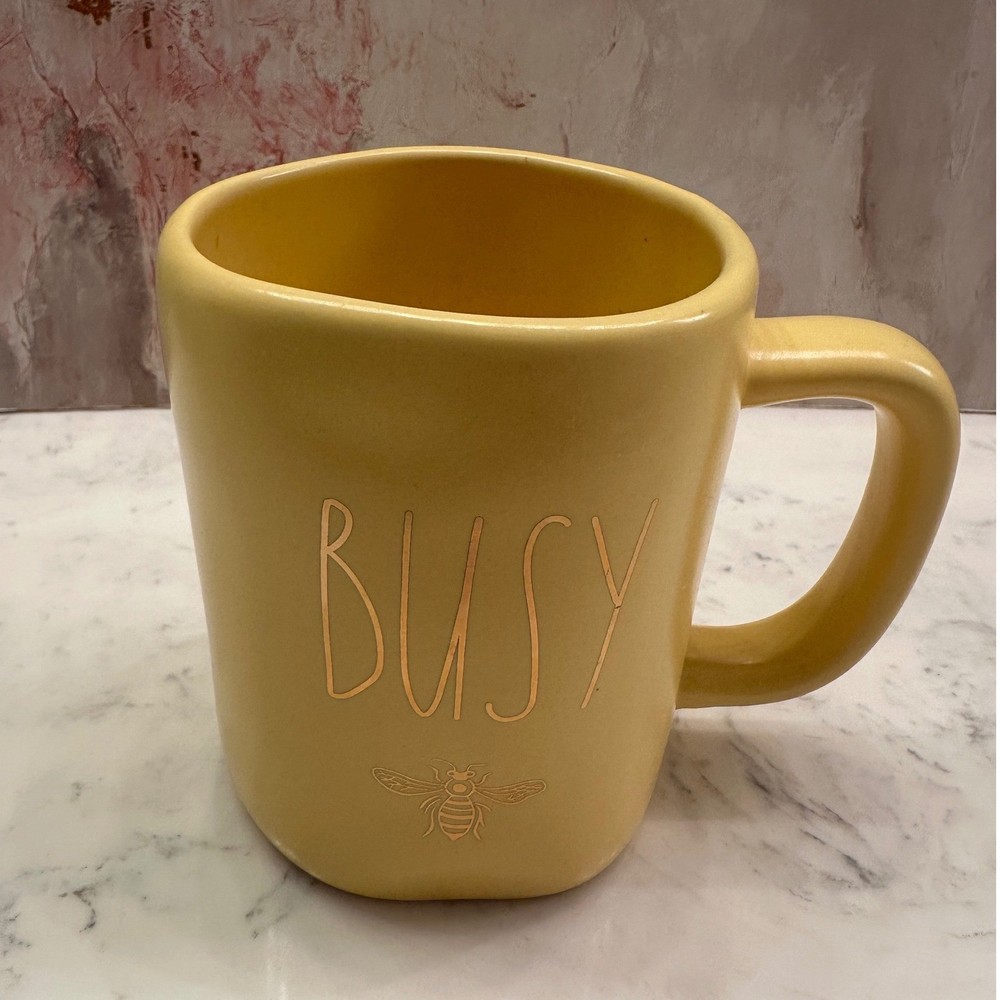 Rae Dunn Busy Bee Yellow Ceramic Coffee Mug Gold Lettering Artisan Collection