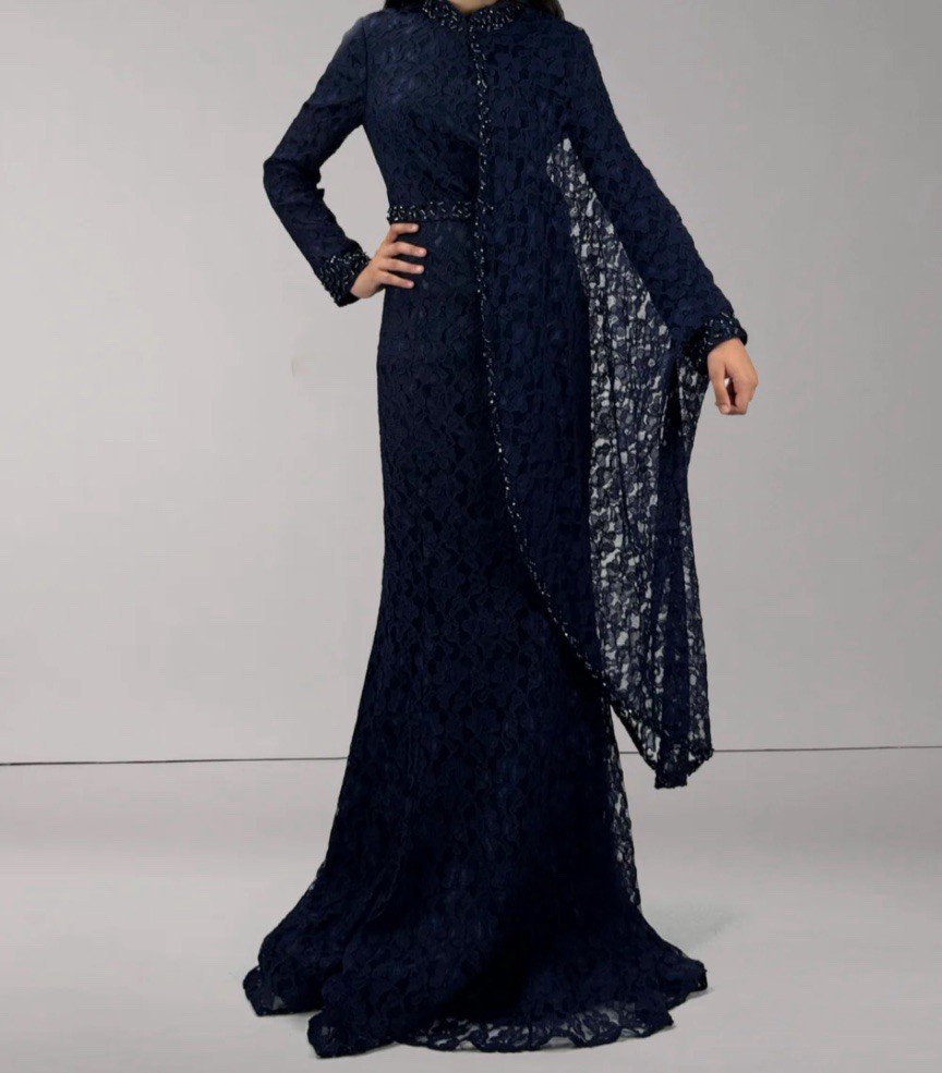 Midnight Drape Modest Long Sleeve Navy Blue With Mermaid Tale (All Sizes) Lacy