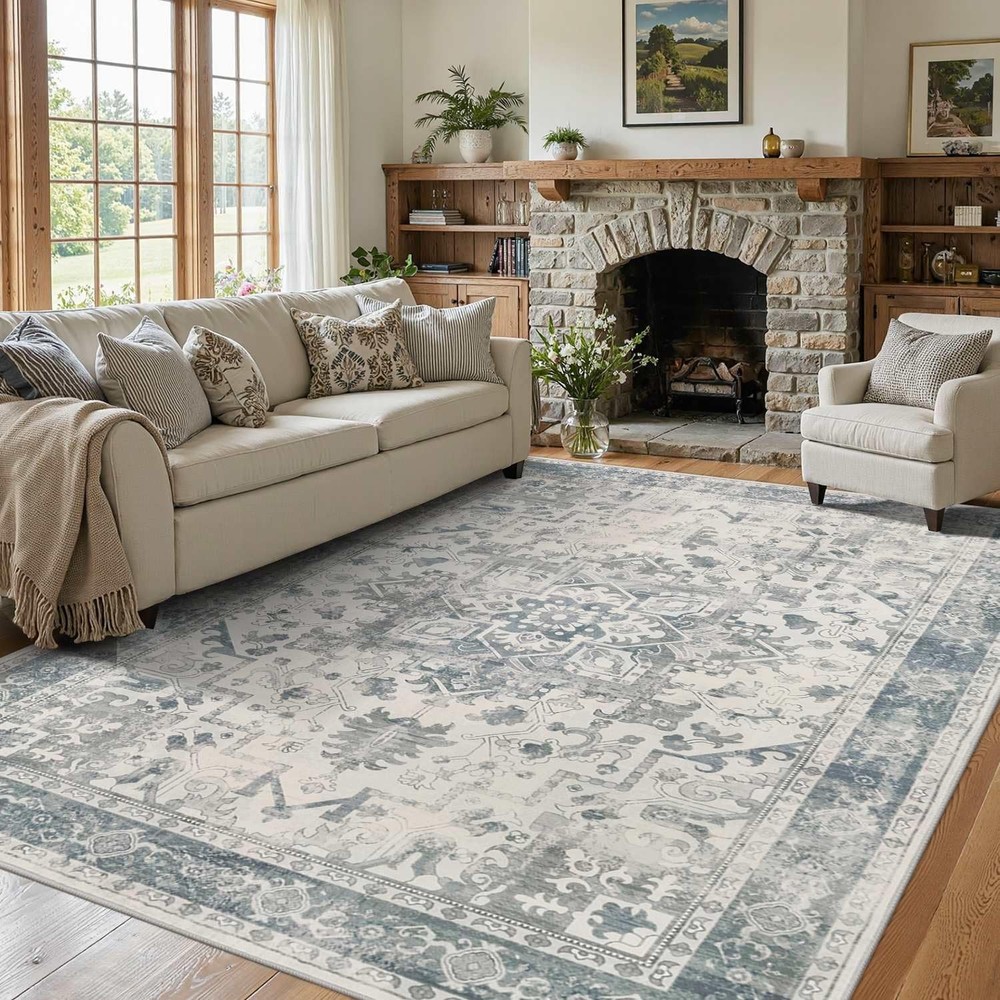 Area Rugs 5x7, Washable Rugs for Living Room, Vintage Boho Light Blue Rug for...