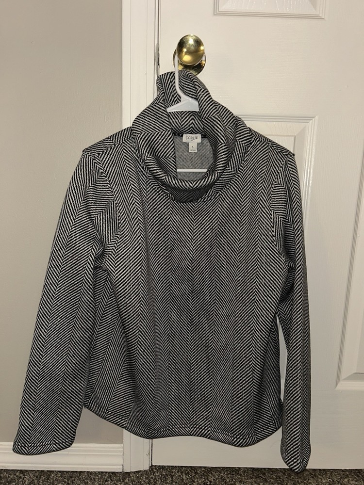 J.CREW Herringbone Cowl Neck Knit Pullover Top Black White Long Sleeve Size M