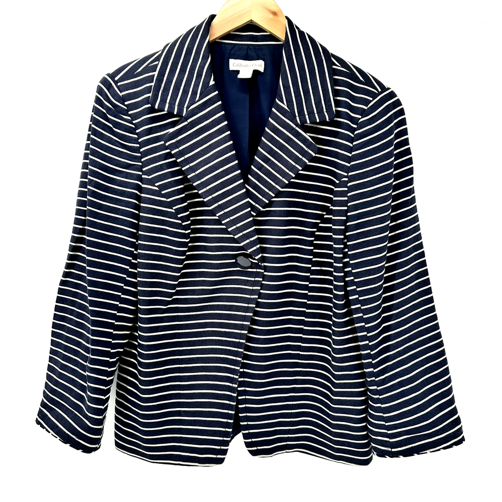Coldwater Creek Blazer Womens 12 Blue Tan Coastal Cotton Linen Classic Lined