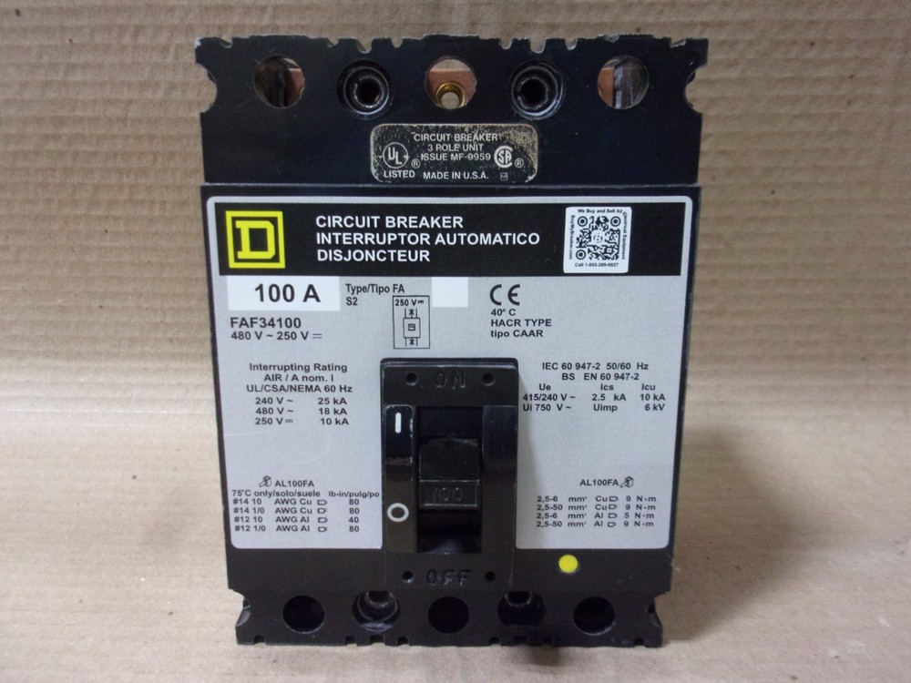 Square D FAF FAF34100 3 Pole 100 Amp 480V Circuit Breaker FAL34100 FAP34100
