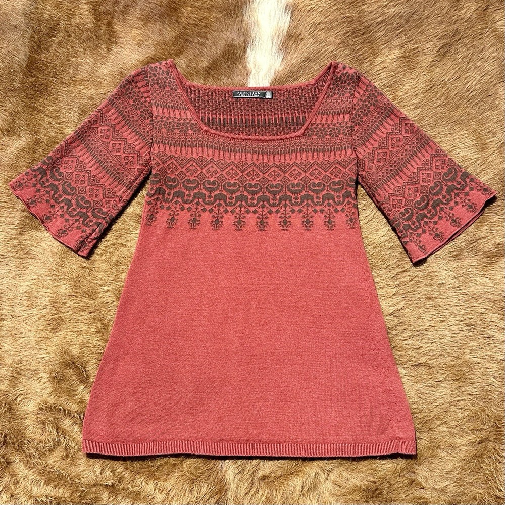 Peruvian Connection Knit Top XS Pima Cotton Pattern Boho Autumn Shirt Rust Red