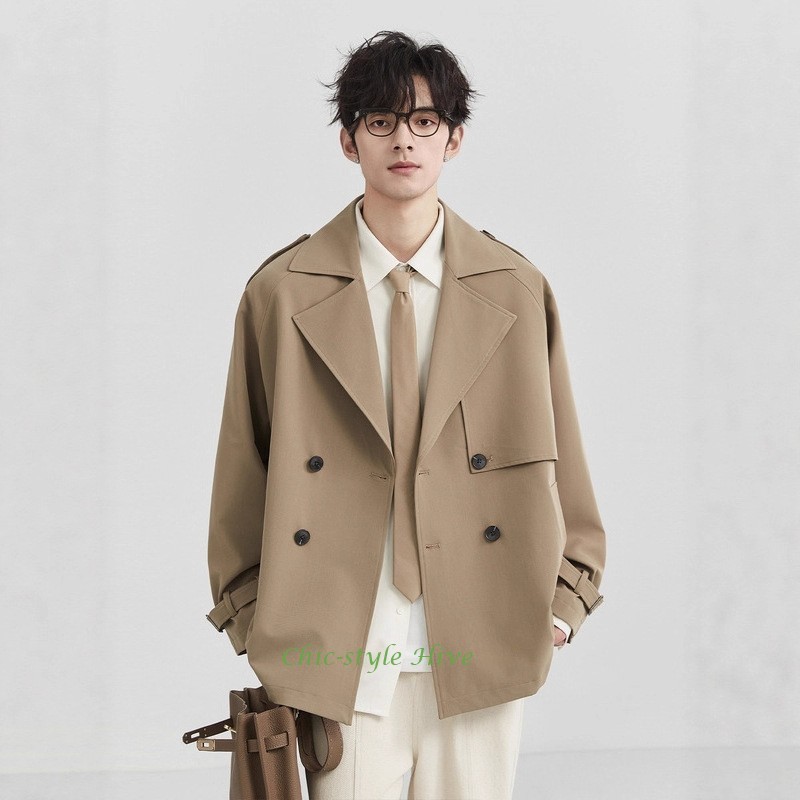 Autumn Short Double Breasted Windbreaker Trench Coat Mens Collar Casual Jackets