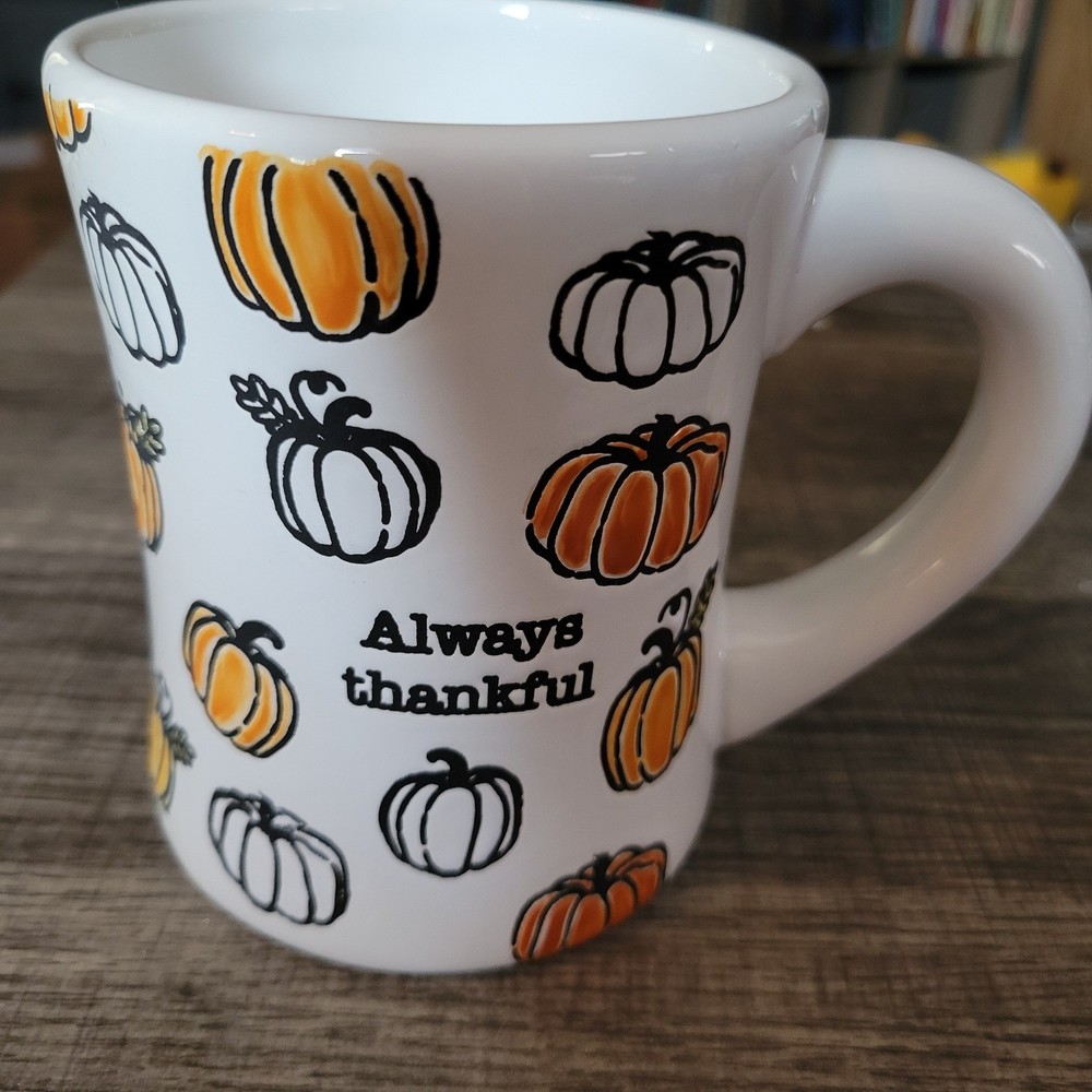 Mud Pie Always Thankful Pumpkin Coffee Mug White Orange Fall Autumn Ceramic Cup