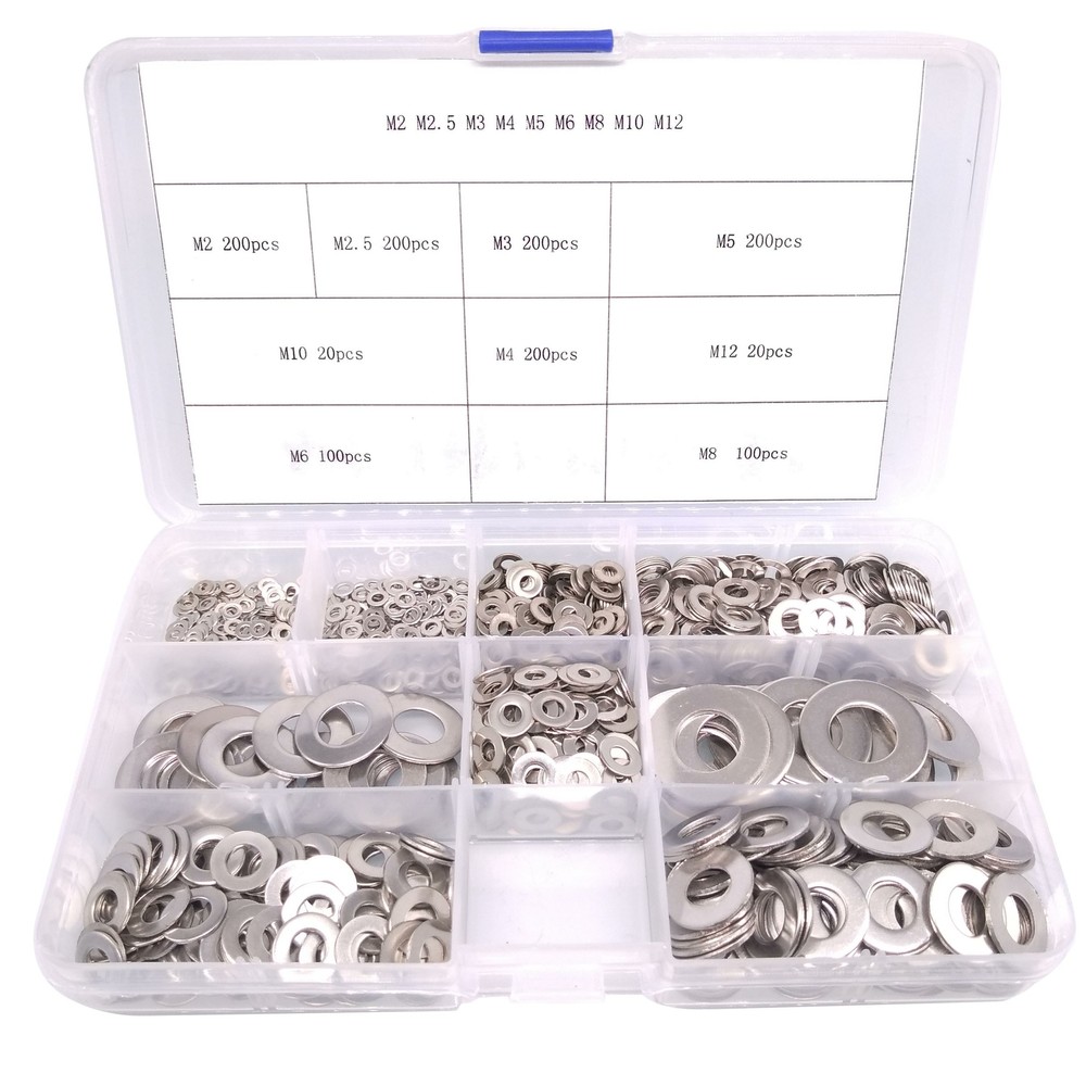 1240pcs Stainless Steel Flat Washers Kit - Assorted Sizes for DIY & Repair