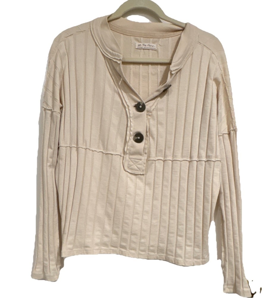 Free People We The Free New Women Sz XS In The Mix Beige Ribbed Henley Top Boho