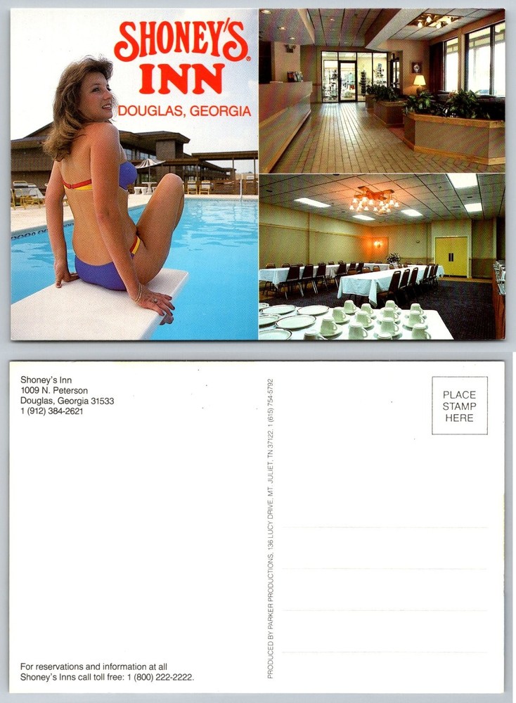 Vtg Shoney's Inn Douglas GA Postcard 80s Woman Bikini Pool Lobby Conference