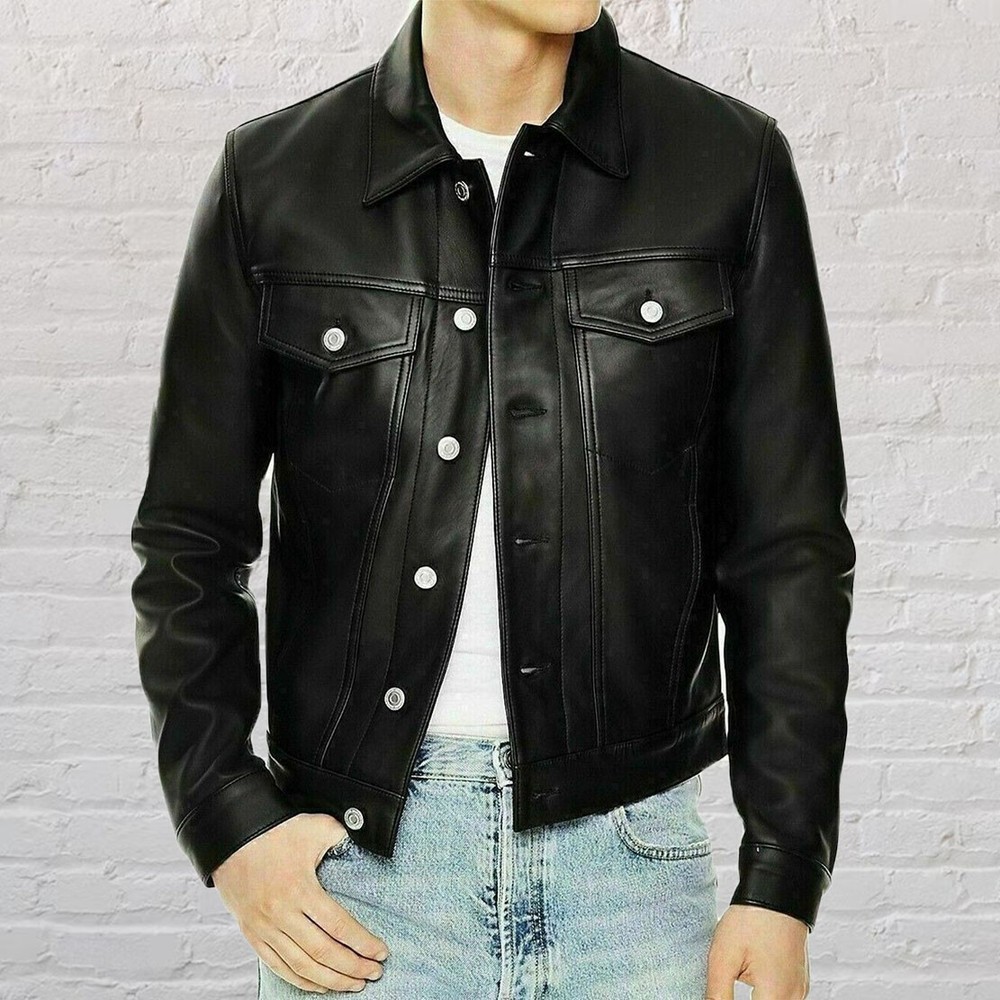 New Men's Genuine Black Lambskin Leather Shirt Jacket Stylish Slim Fit Shirt