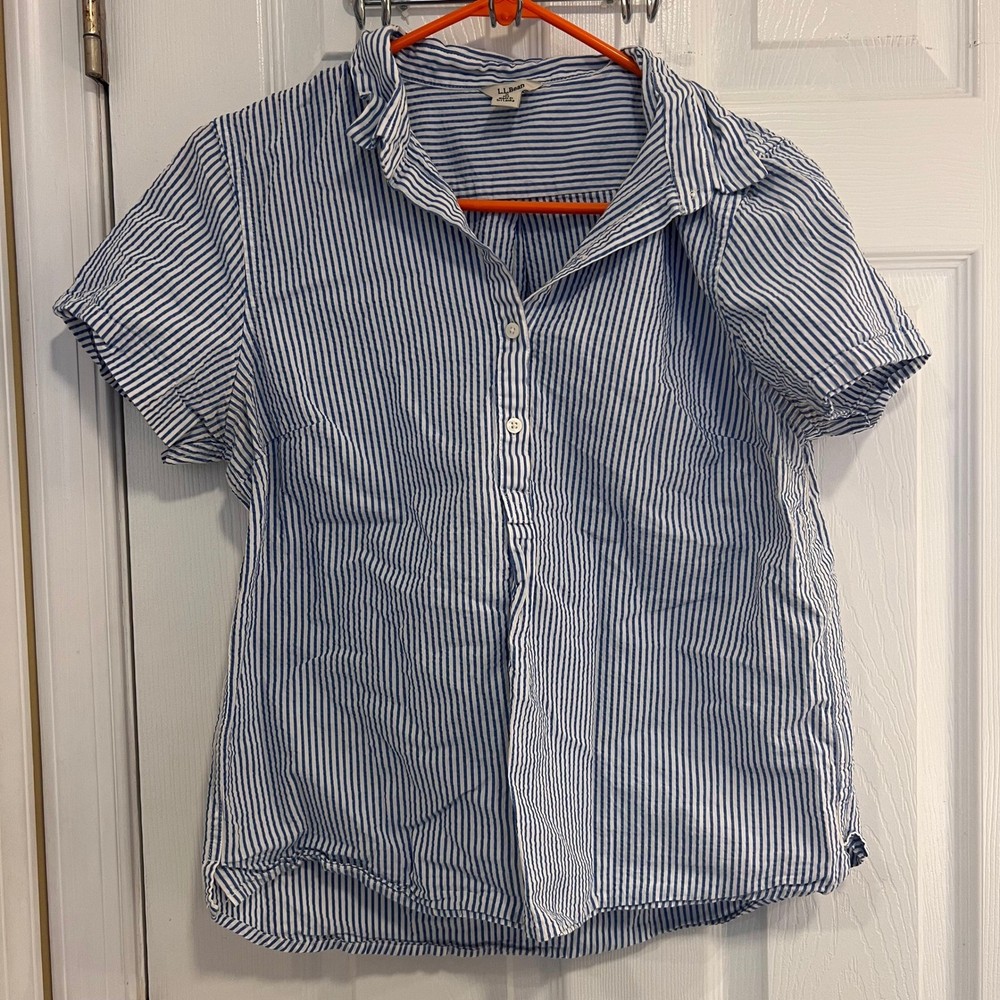 L.L.Bean Women's Blue White Striped Short Sleeve 1/4 Button Down Shirt