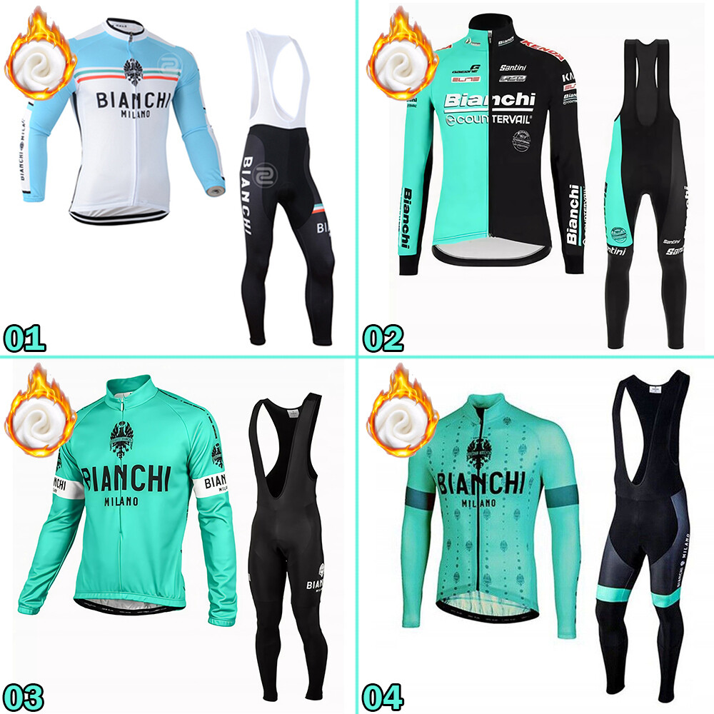 Men's Fleece Cycling Jersey Set Long Sleeves Winter Suit 3 Rear Pockets Bianchi