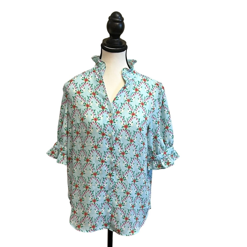 Ann Taylor Womens Floral Ruffle Neck 3/4 Sleeve Blouse Top XS