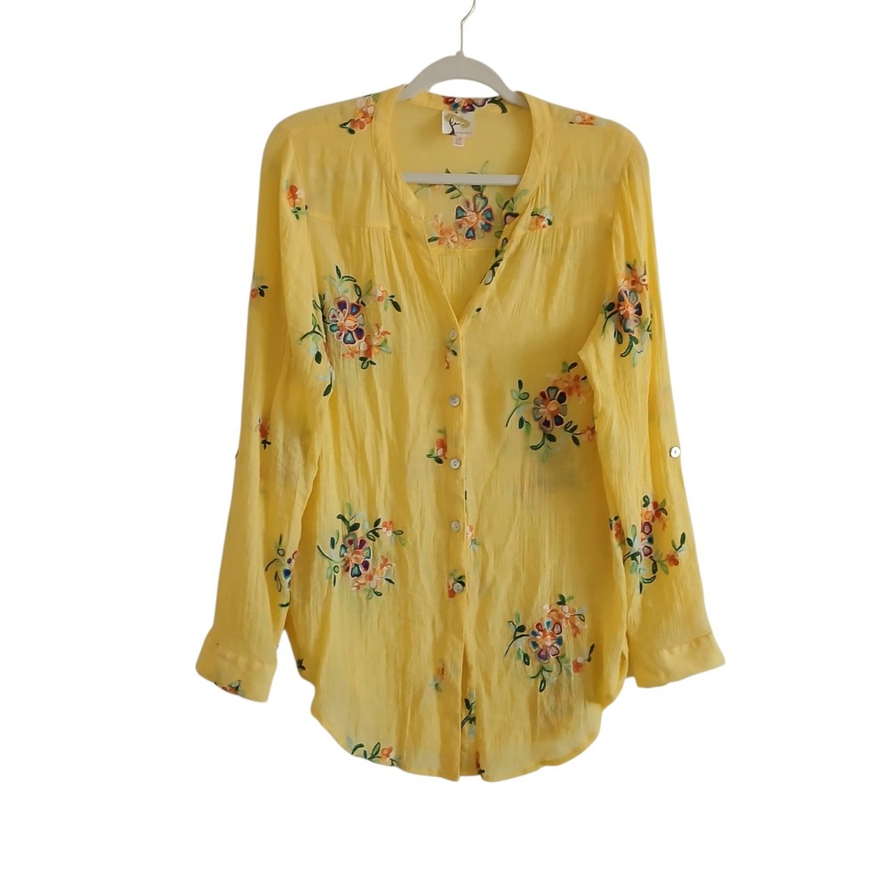 Fig & Flower Embroidered Tunic Top Women’s XL Long Roll Tab Sleeve Floral Boho