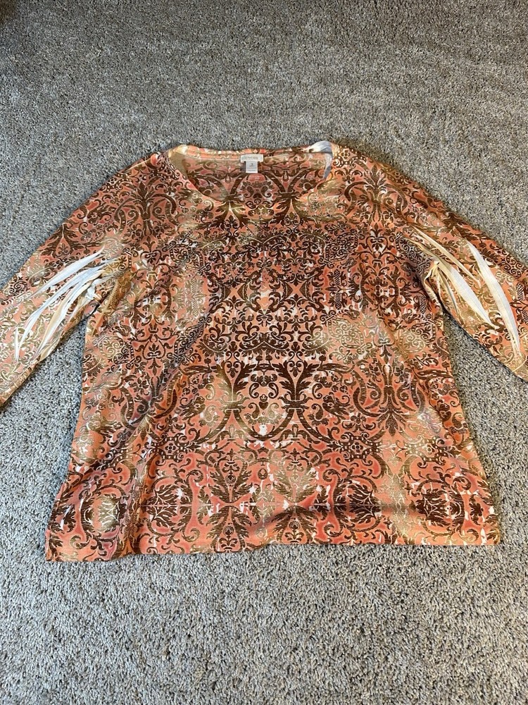 Chicos Top Shirt Women’s Size 3 Pink Paisley Blouse Rhinestone 3/4 Sleeve Large