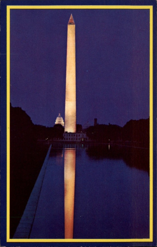 Washington DC Monument night from Lincoln Memorial reflection vintage postcard