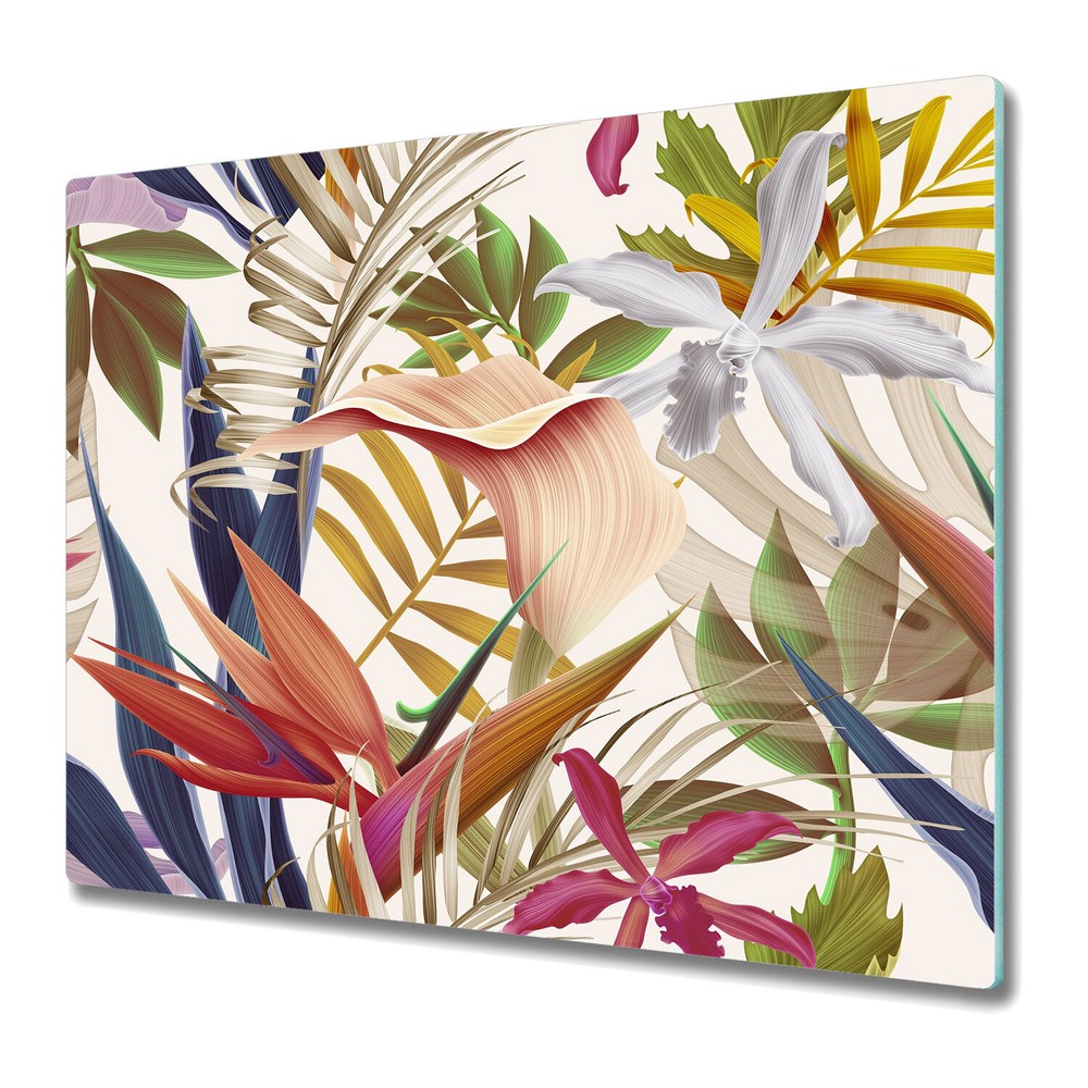 Serving Chopping Board Glass Cover Tropical Colourful Plants Vintage Watercolour