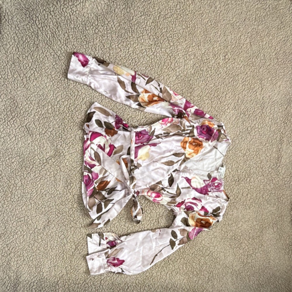 Banana Republic XS Silk Satin Floral Long Sleeve Bow Pullover Blouse Pink/White