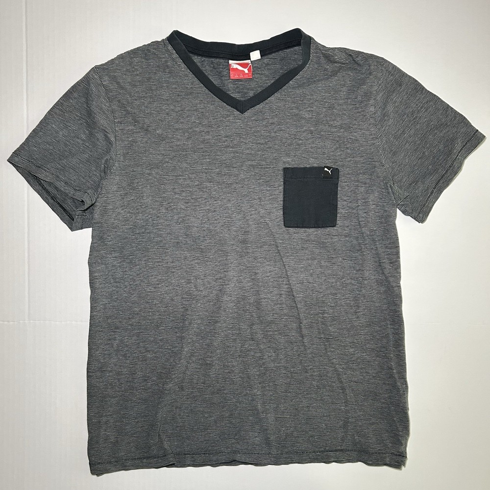 Puma Mens Large Gray Striped V-Neck Pocket T Shirt Short Sleeve Casual Tee
