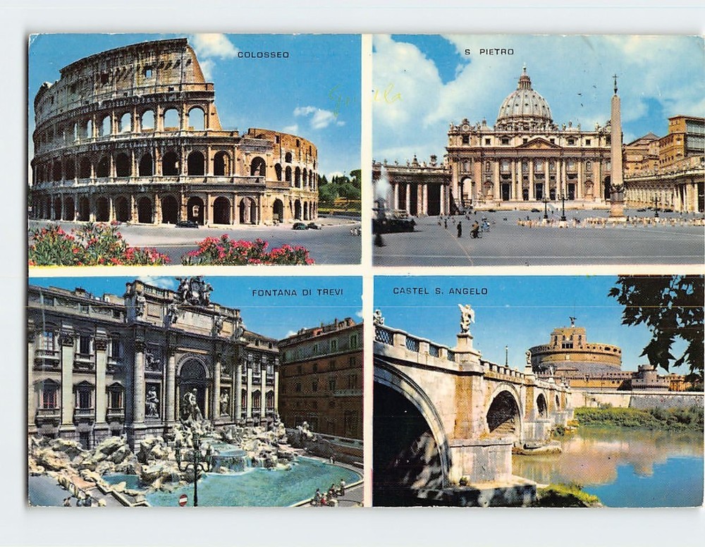 Postcard Rome Italy Colosseum Peters Basilica Trevi Fountain Castel Sant Angelo