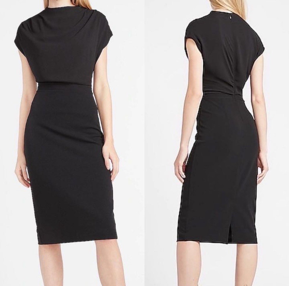 Express Black Draped Mock Neck Midi Dress Size XXS NWT!