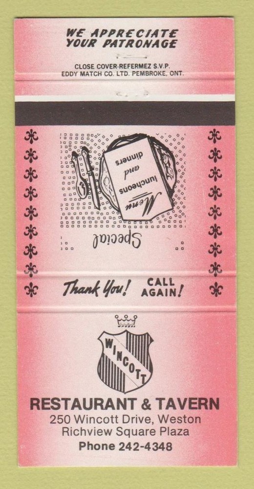 Matchbook Cover - Wincott Restaurant Tavern Weston ON 30 Strike