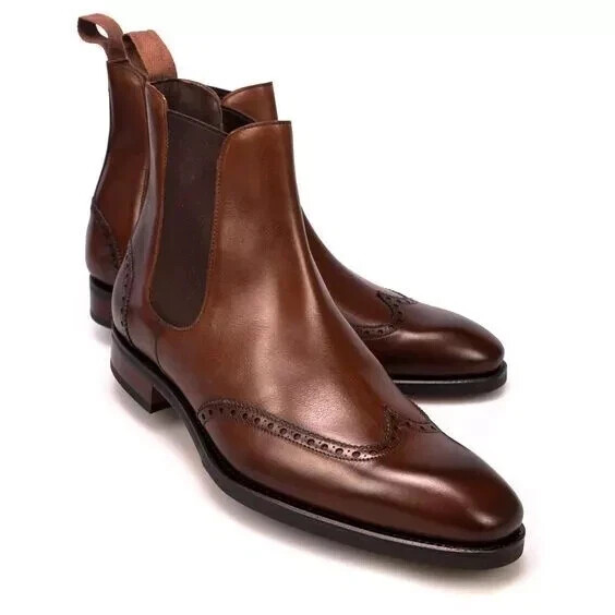 Handmade Brown Genuine Leather Chelsea Wingtip Ankle Boots For Men