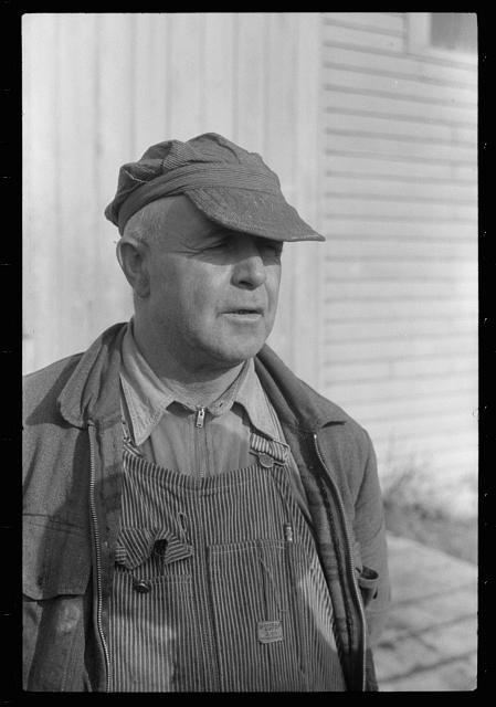 Photo:1930s Farmer Portrait Work Clothes Overalls Cap Black and White