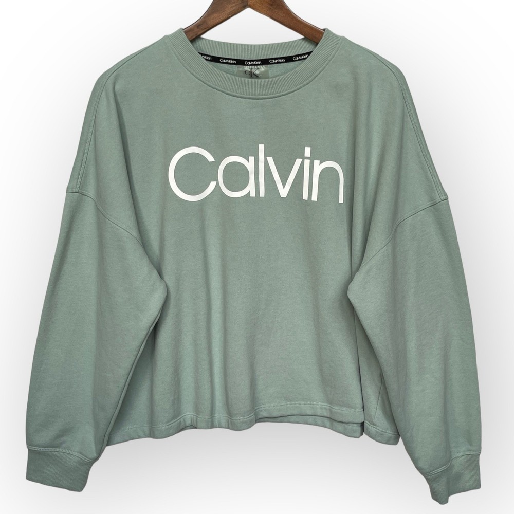 Calvin Klein Crewneck Sweatshirt Light Sage Green Logo Pullover Women's XL
