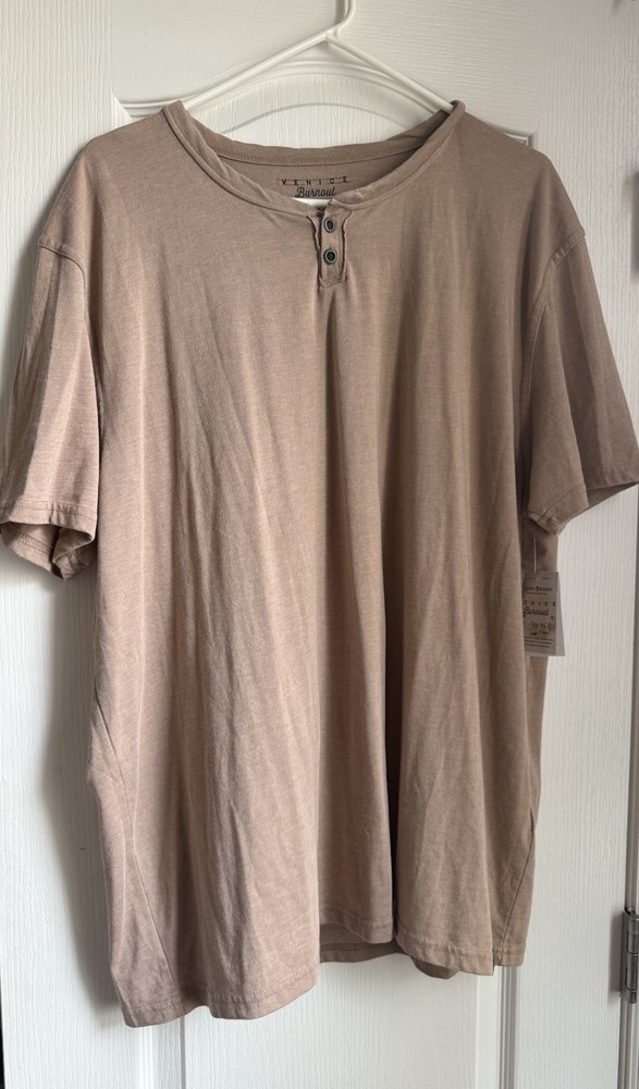 Lucky Brand Venice Burnout Henley Cotton Knit Short Sleeve T-Shirt XL Beige